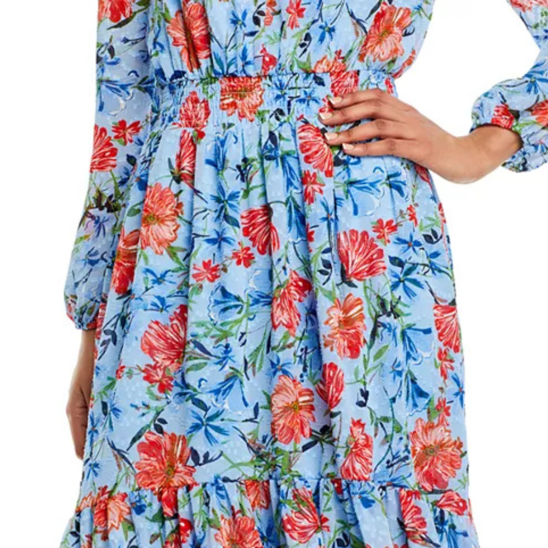 T Tahari Long Sleeve Smocked Waist Dress