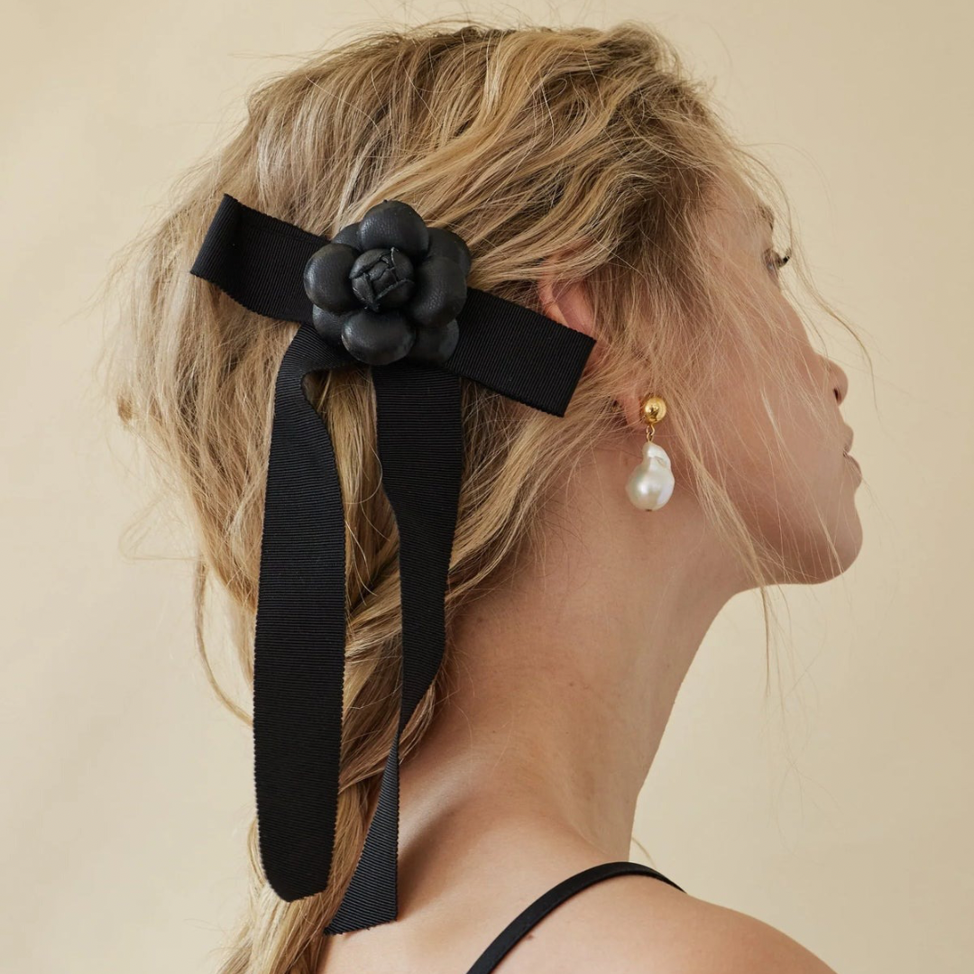 Lelet NY “Jenna Petite Bow” – Black Leather Rosette