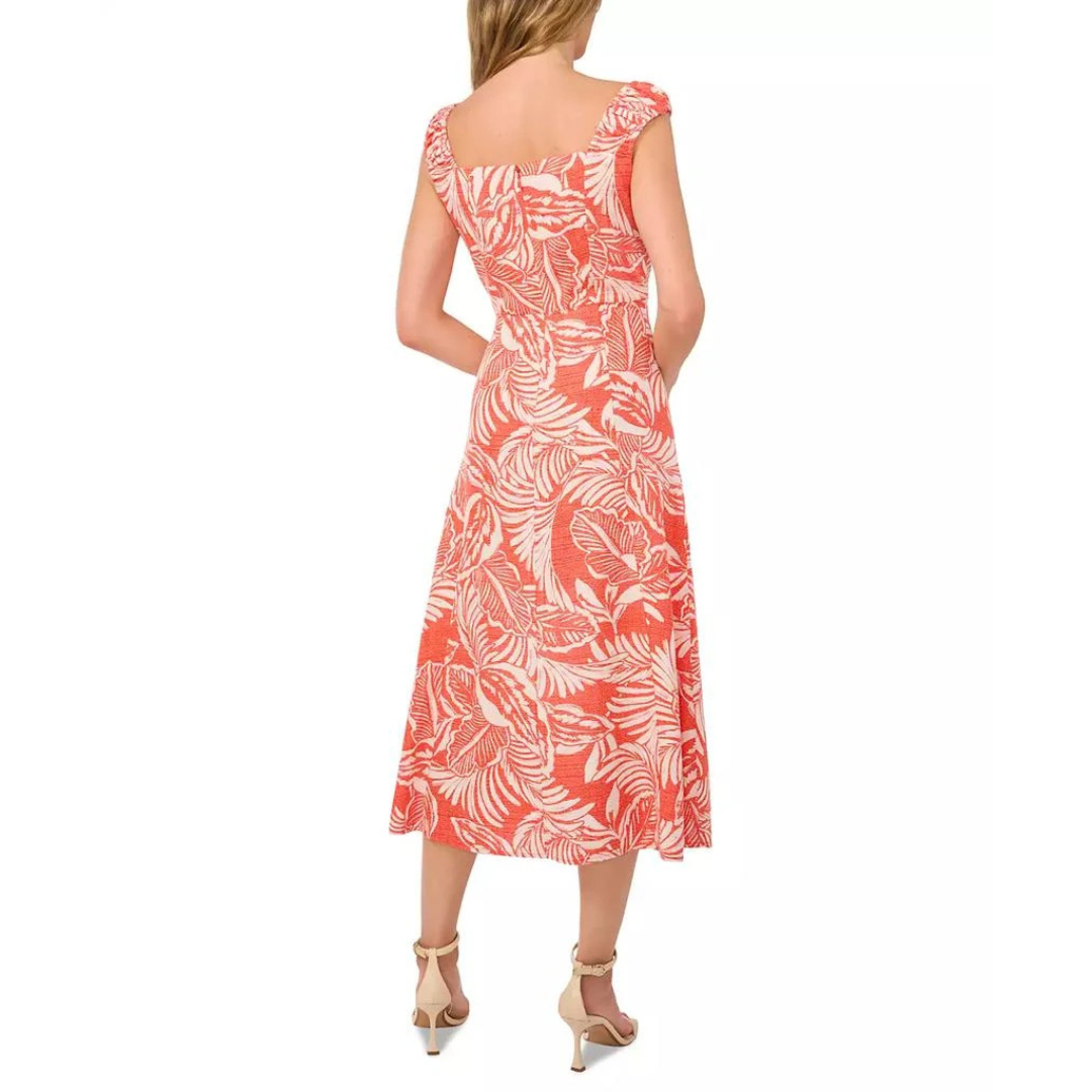 CeCe Tropical-Print Ruched-Strap Linen Midi Dress