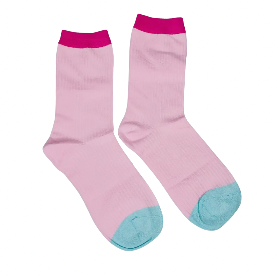 Color Block Crew Socks Set of 2 | Cotton Blend | One Size | Pink & White