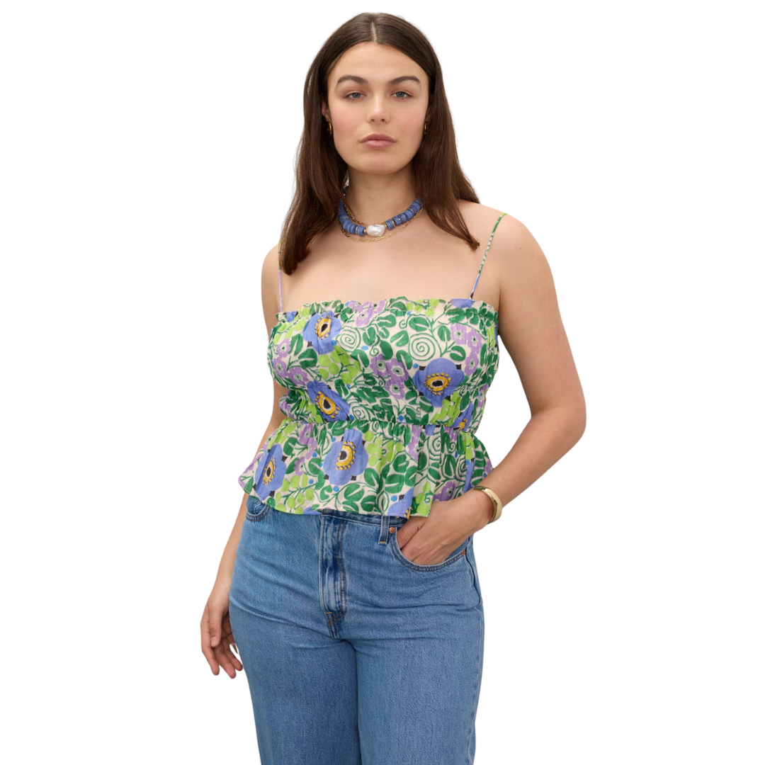 RHODE Green Floral Smocked Crop Top