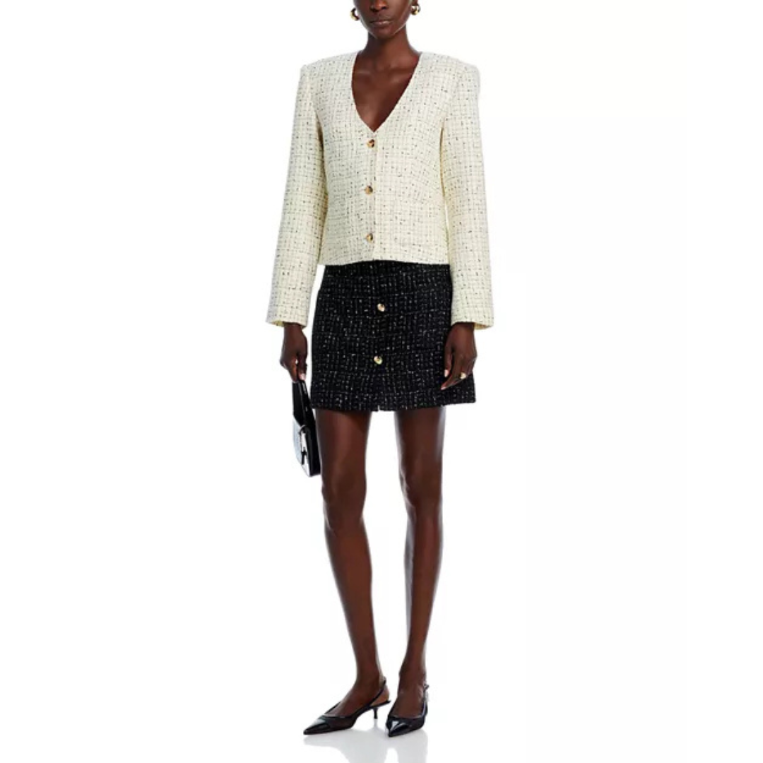 Anine Bing Anitta Tweed Jacket – Size S | Cream & Black Cropped Blazer