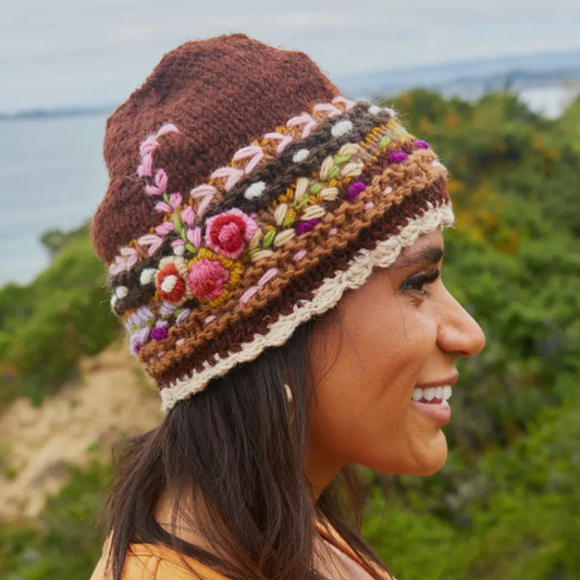 Brown Handmade Wool Embroidered Beanie Hat | Fleece Lined | Fair Trade Nepal