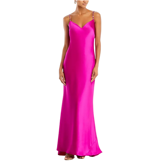 AQUA Hot Pink Satin Evening Gown | Sweetheart Chain Strap Open Back Floor-Length Dress