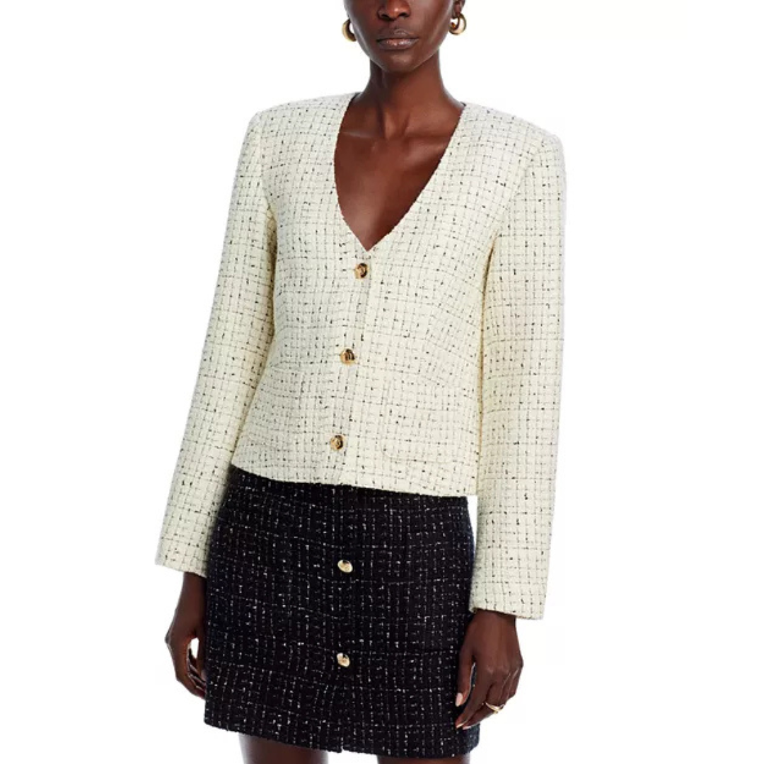 Anine Bing Anitta Tweed Jacket – Size S | Cream & Black Cropped Blazer
