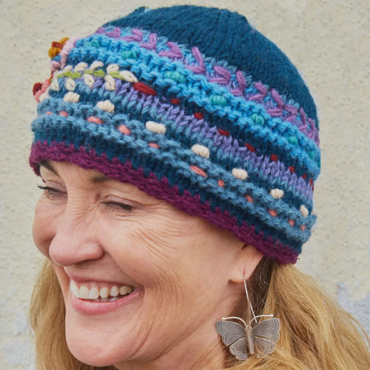 Blue Handmade Wool Embroidered Beanie Hat | Fleece Lined | Fair Trade Nepal