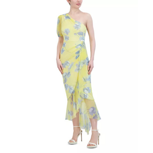 BCBGMAXAZRIA One-Shoulder Floral Puff Sleeve Dress