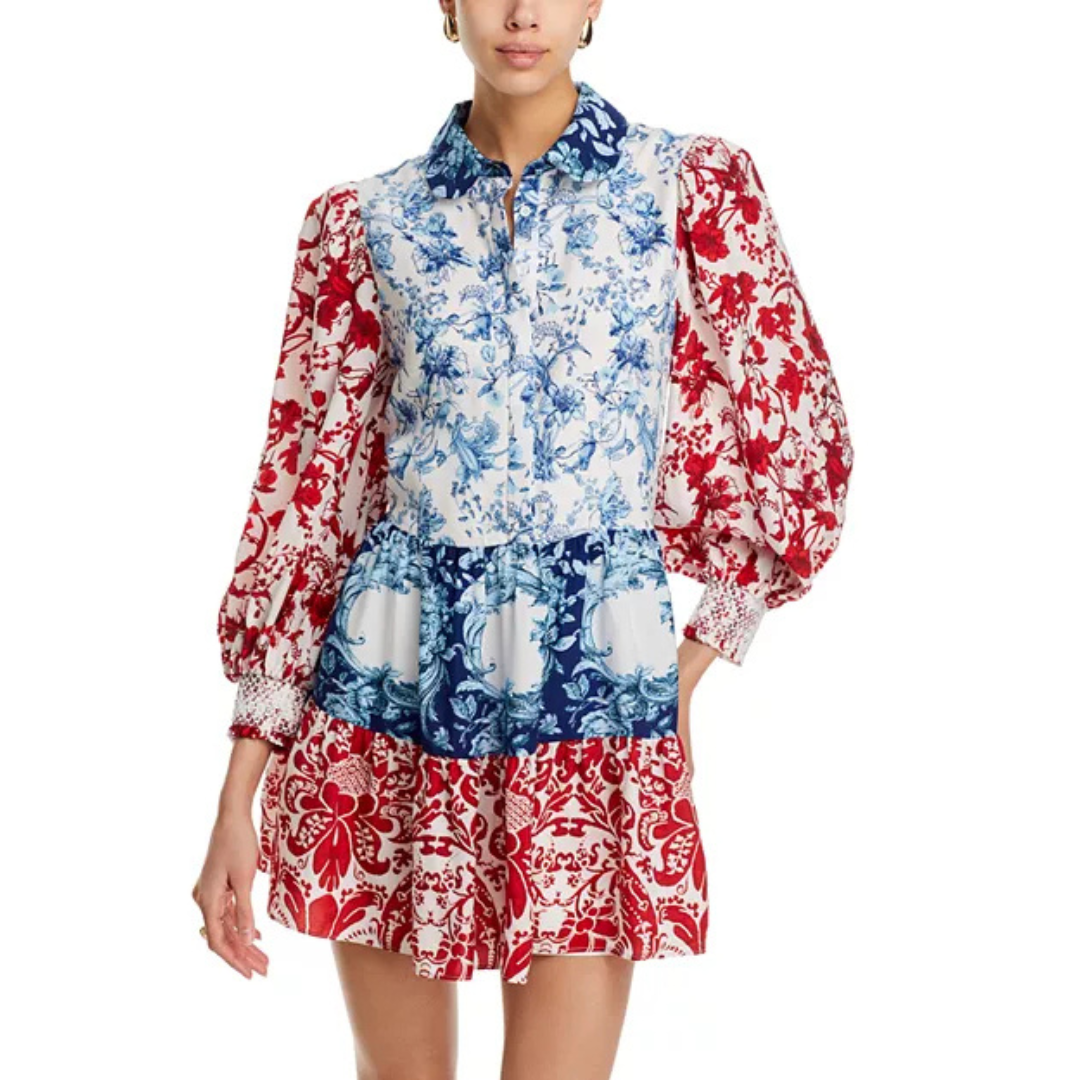 Alice + Olivia Paulie Mixed-Print Tiered Mini Dress