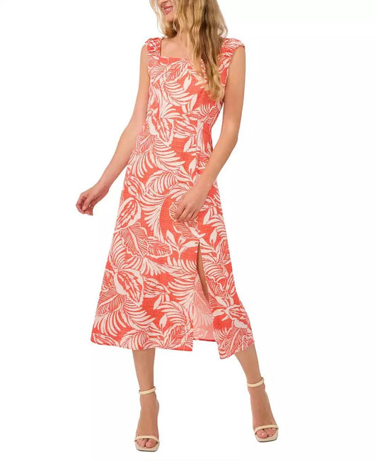 CeCe Tropical-Print Ruched-Strap Linen Midi Dress