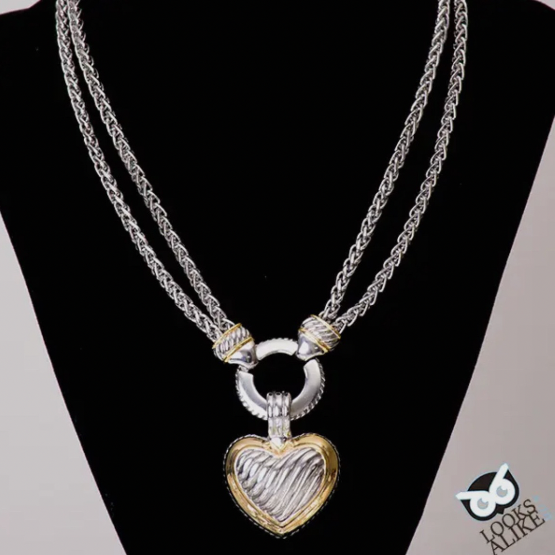Two-Tone Heart Necklace & Earring Set (Rhodium-Plated)