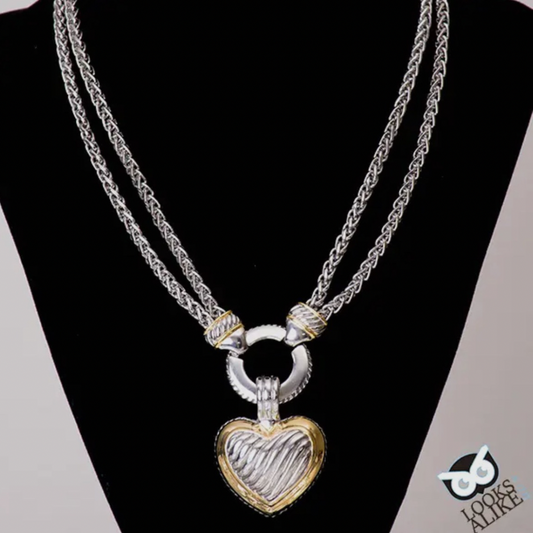 Two-Tone Heart Necklace & Earring Set (Rhodium-Plated)