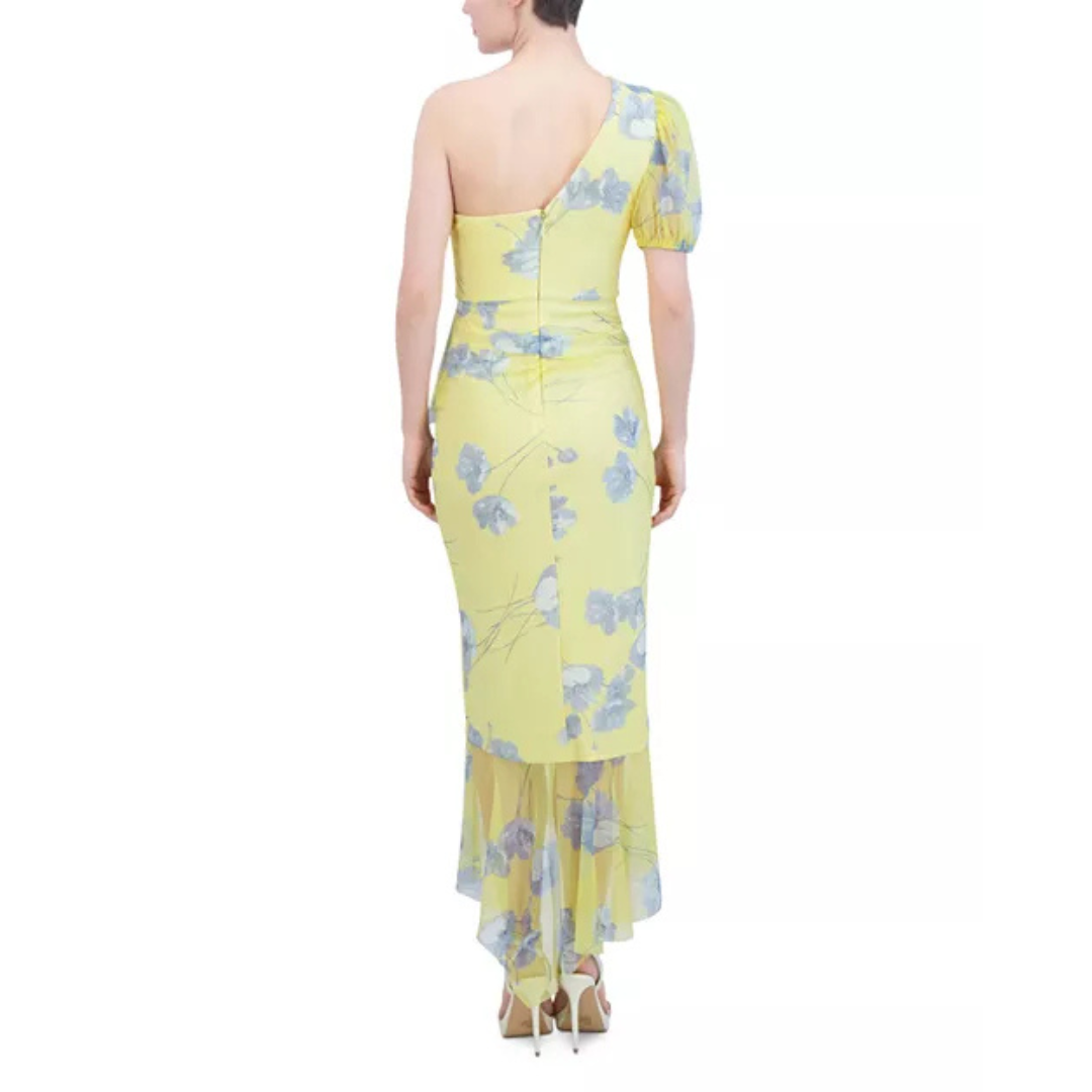 BCBGMAXAZRIA One-Shoulder Floral Puff Sleeve Dress