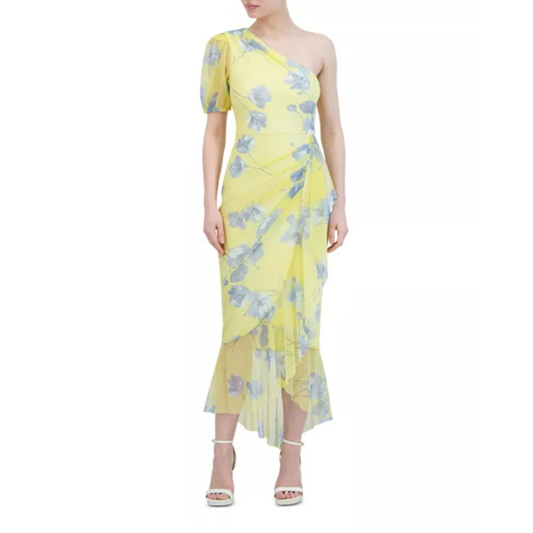 BCBGMAXAZRIA One-Shoulder Floral Puff Sleeve Dress