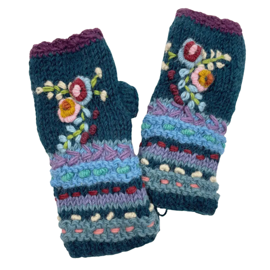 Blue Handmade Wool Embroidered Fingerless Gloves | Fleece Lined | Fair Trade Nepal