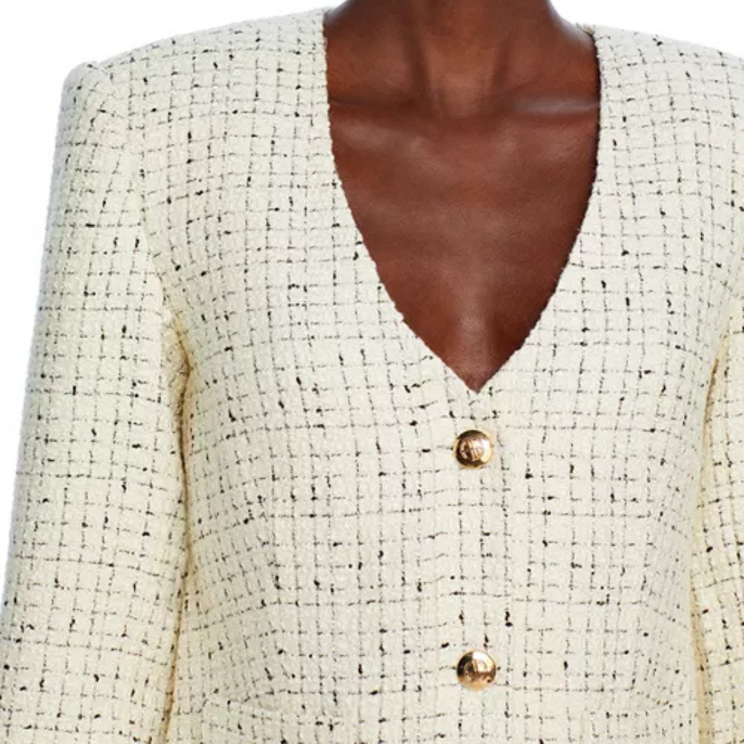 Anine Bing Anitta Tweed Jacket – Size S | Cream & Black Cropped Blazer