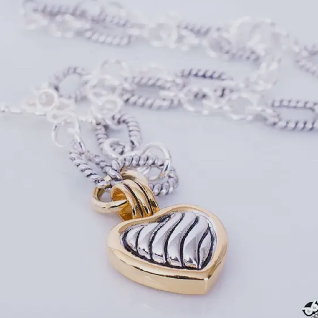 Two Tone Heart Charm Toggle Necklace | Rhodium Plated