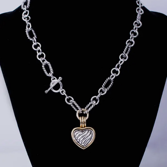 Two Tone Heart Charm Toggle Necklace | Rhodium Plated