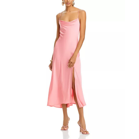 ASTR the Label Gaia Pink Satin Slip Dress – Crisscross Back & Cowl Neck