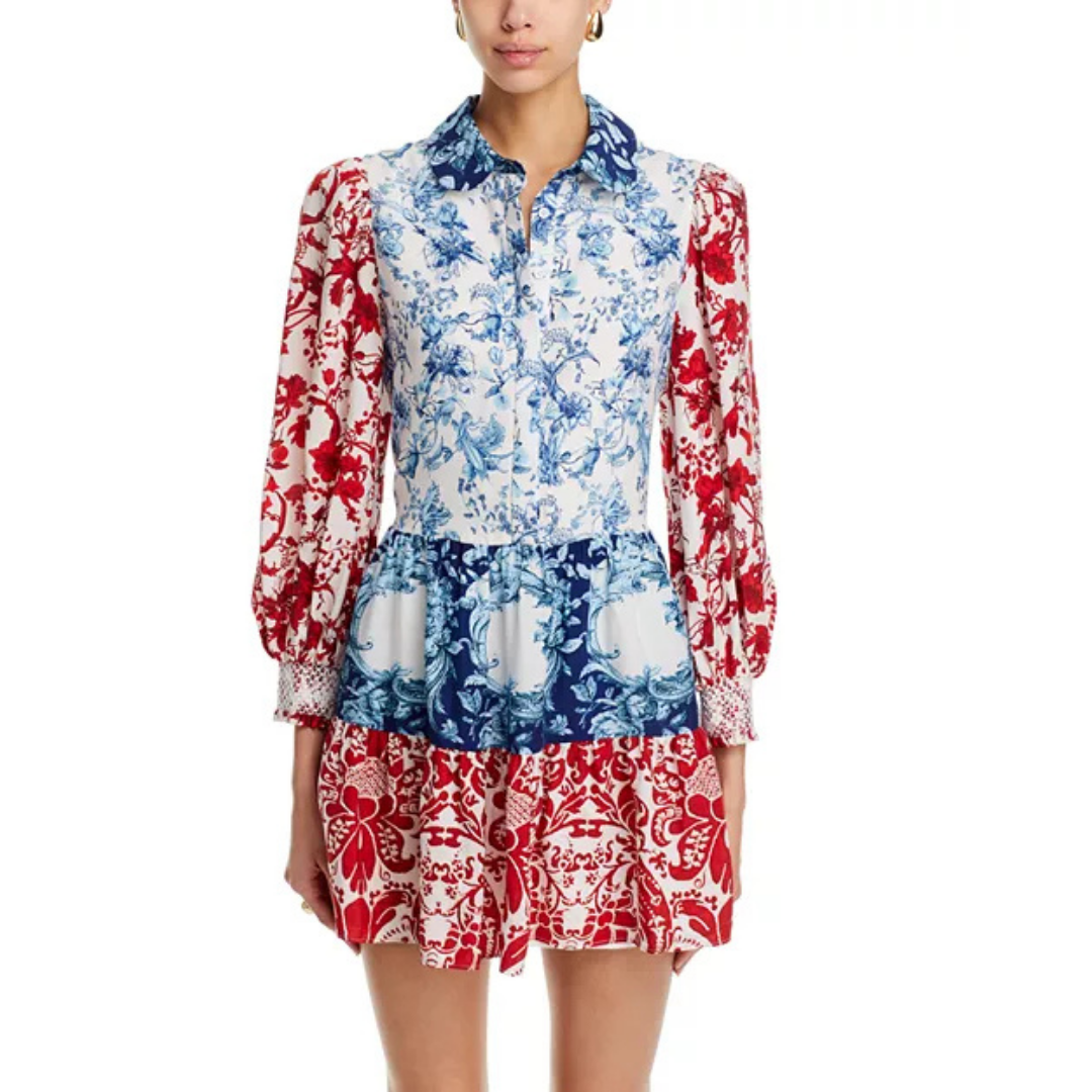 Alice + Olivia Paulie Mixed-Print Tiered Mini Dress