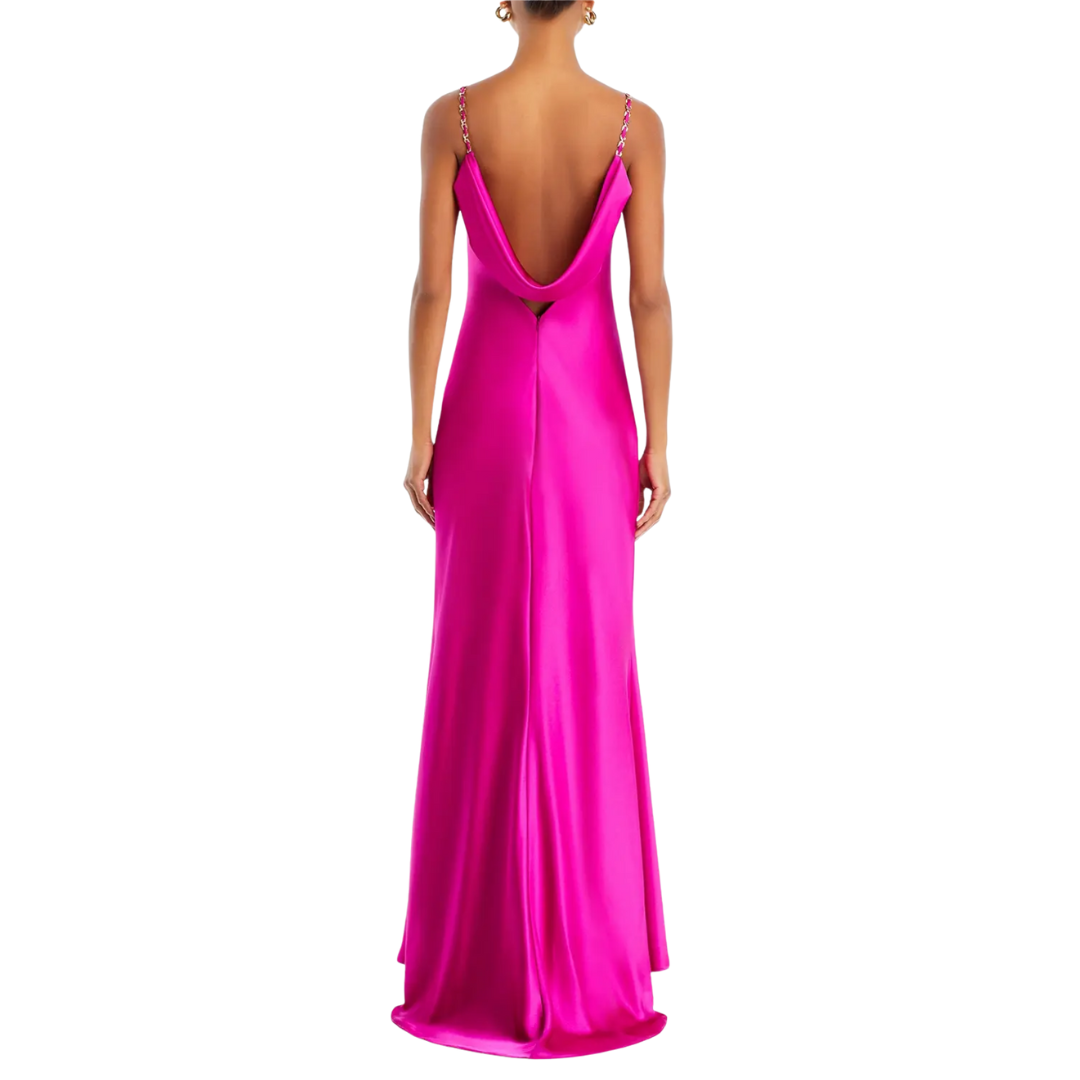 AQUA Hot Pink Satin Evening Gown | Sweetheart Chain Strap Open Back Floor-Length Dress