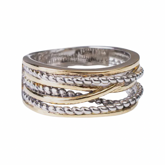 Two-Tone Textured Cable Ring – Rhodium Plated | Size 7