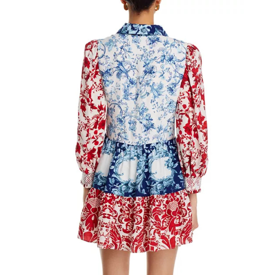 Alice + Olivia Paulie Mixed-Print Tiered Mini Dress