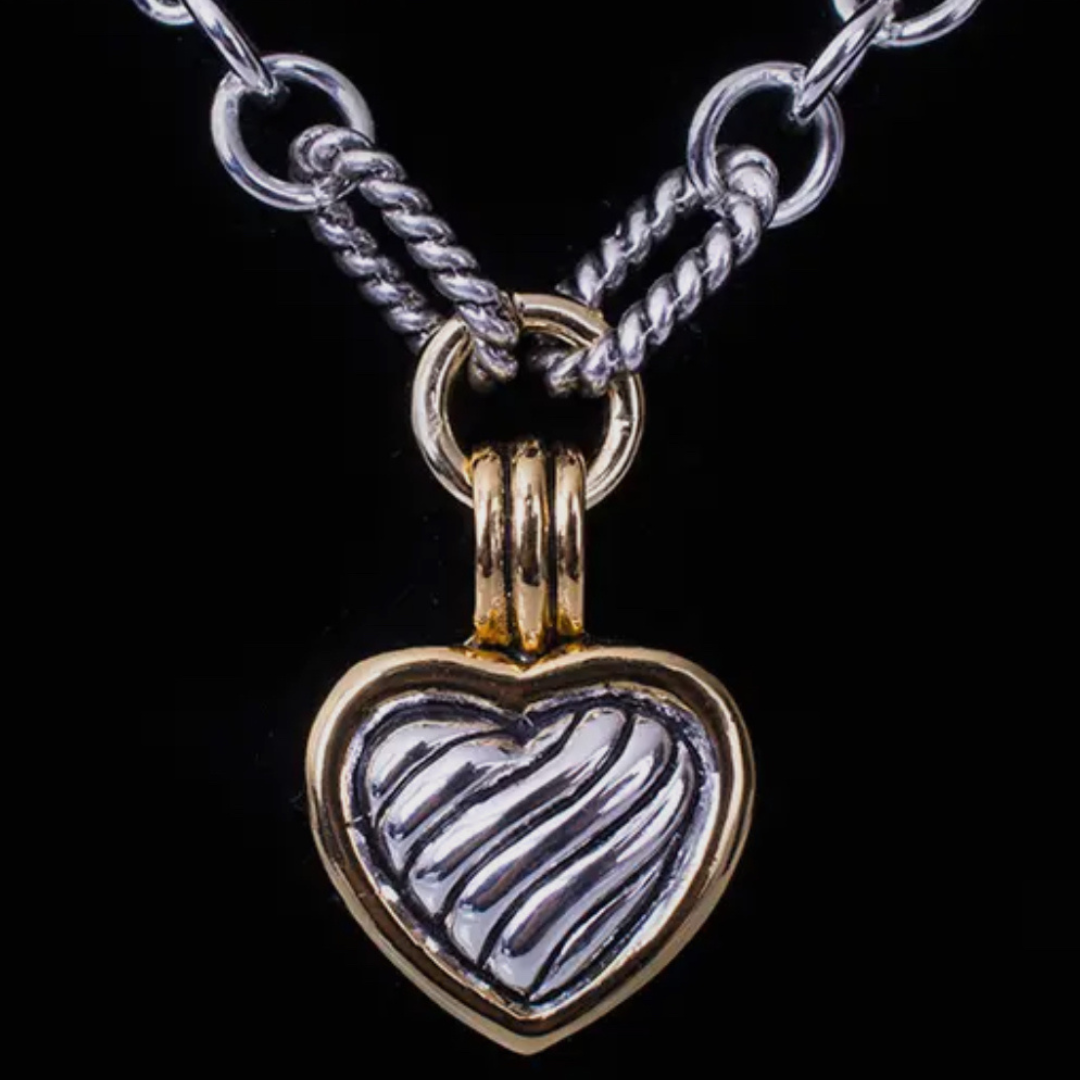 Two Tone Heart Charm Toggle Necklace | Rhodium Plated