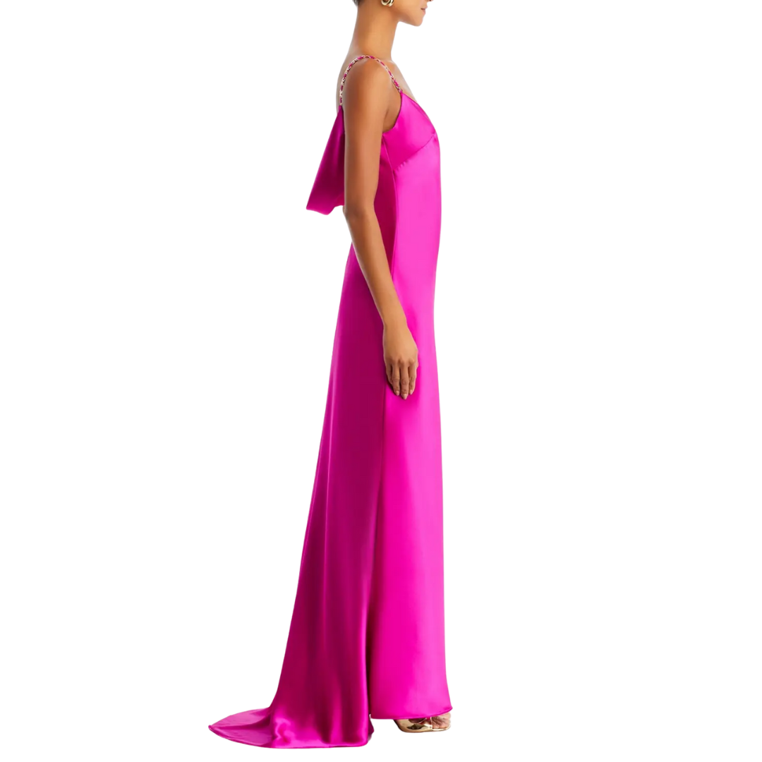 AQUA Hot Pink Satin Evening Gown | Sweetheart Chain Strap Open Back Floor-Length Dress