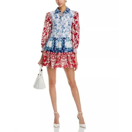 Alice + Olivia Paulie Mixed-Print Tiered Mini Dress