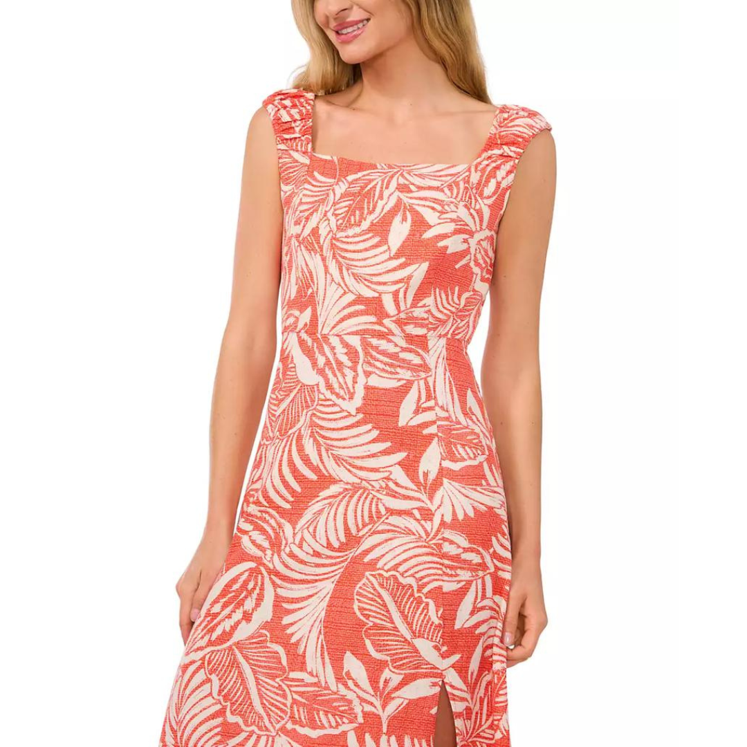 CeCe Tropical-Print Ruched-Strap Linen Midi Dress
