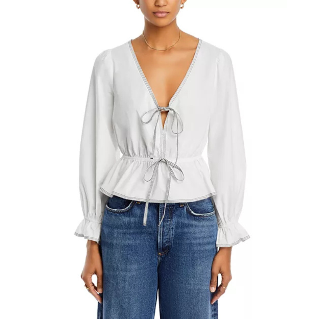 Lucy Paris Bailey Tie Front Blouse White XS Romantic Peplum Top
