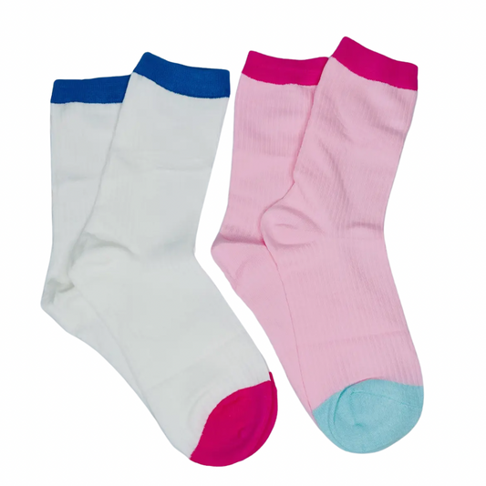 Color Block Crew Socks Set of 2 | Cotton Blend | One Size | Pink & White