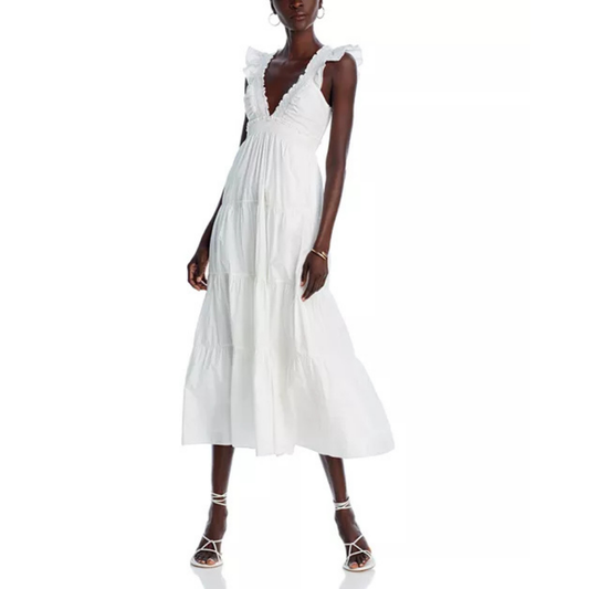 LoveShackFancy Arnene White Cotton Midi Dress with Flutter Sleeves
